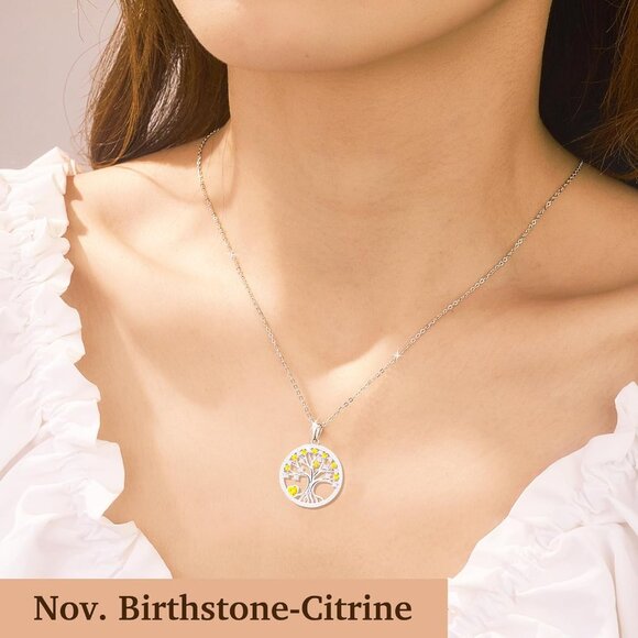 Women's Yellow Sterling Pendant Charm Adjustable Chain Birthstone Tree Necklace - Picture 2 of 6